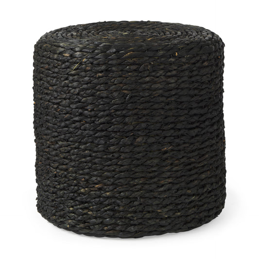 18" Black Water Hyacinth Round Pouf Ottoman