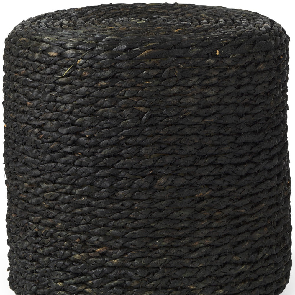 18" Black Water Hyacinth Round Pouf Ottoman