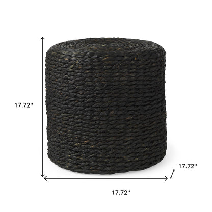18" Black Water Hyacinth Round Pouf Ottoman