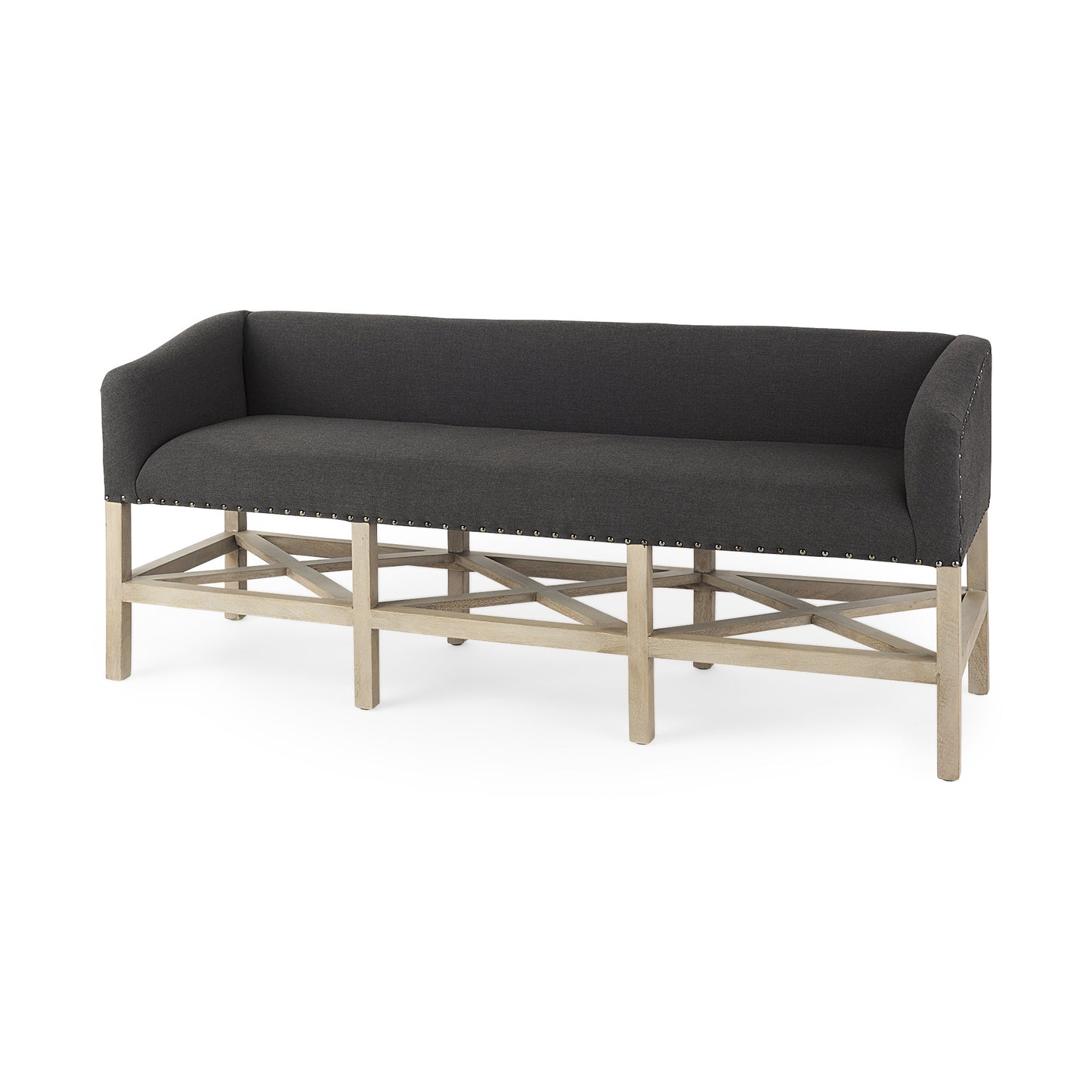 60" Gray and Brown 100% Polyester and Solid Wood Upholstered Bench