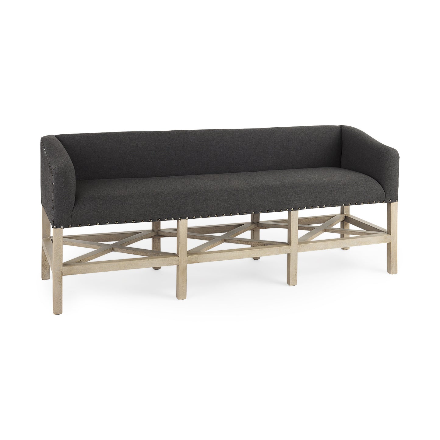 60" Gray and Brown 100% Polyester and Solid Wood Upholstered Bench