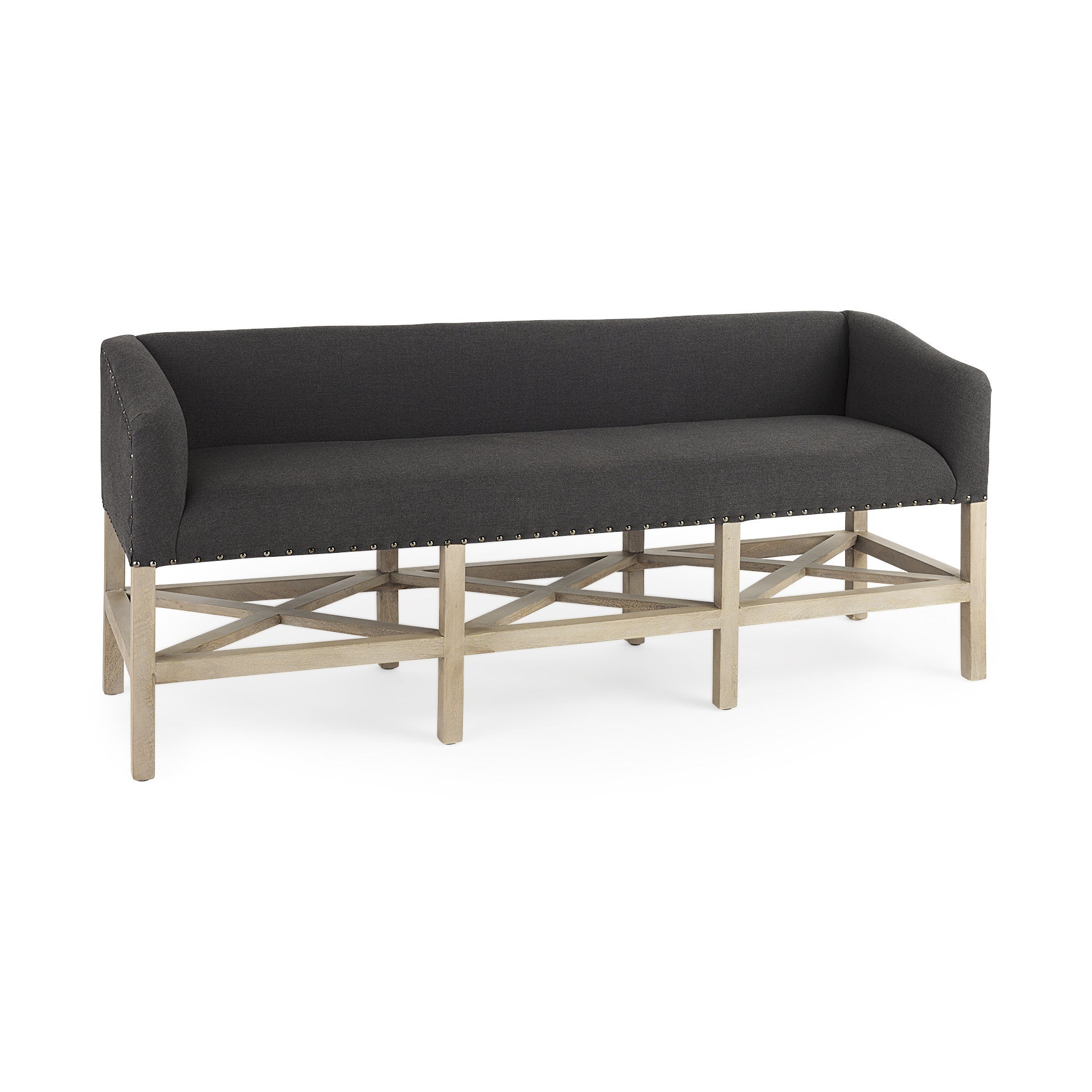 60" Gray and Brown 100% Polyester and Solid Wood Upholstered Bench