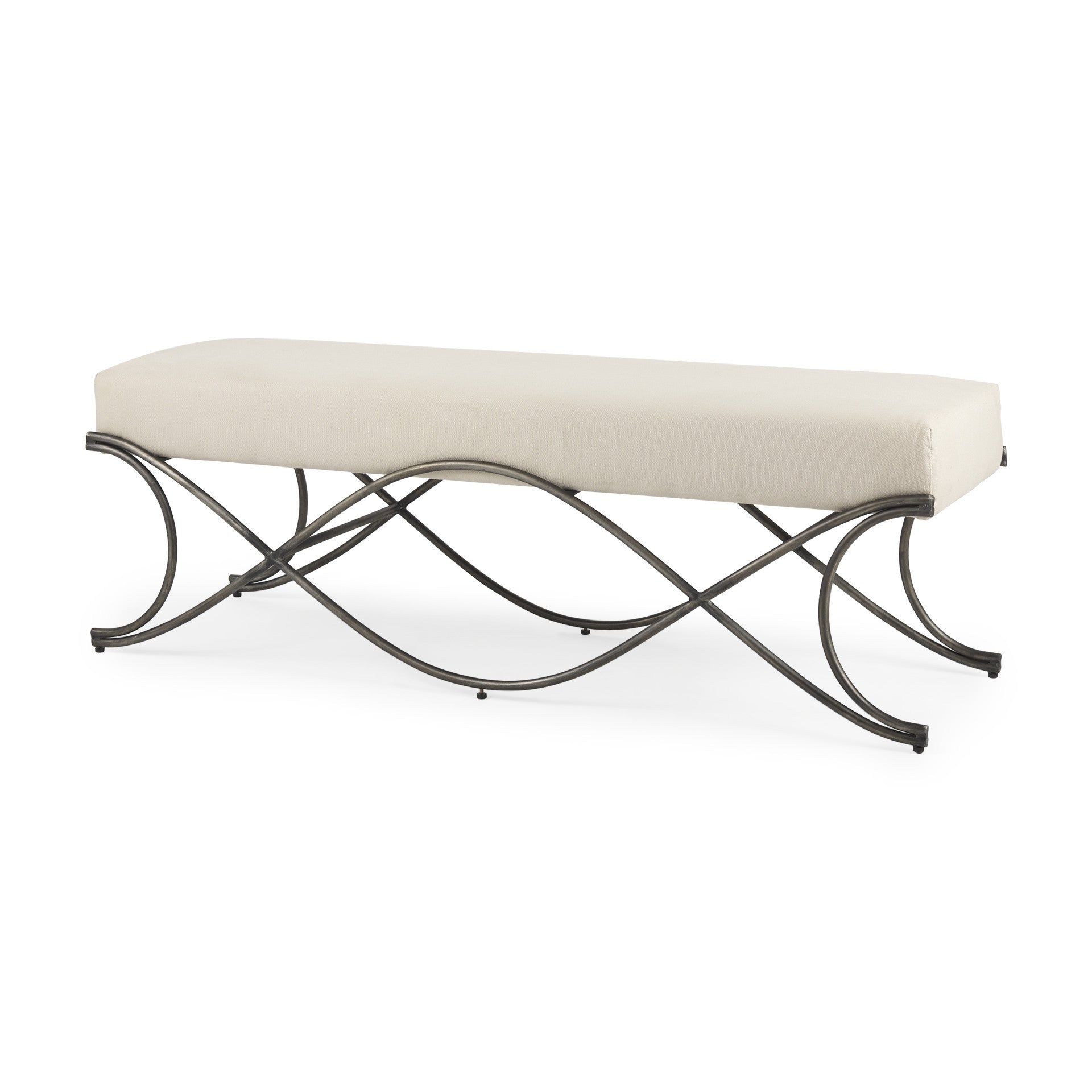 55" Cream and Nickel Fabric and Metal Upholstered Bench