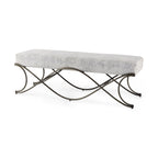 55" Dark Gray and Nickel Chenille and Metal Upholstered Bench