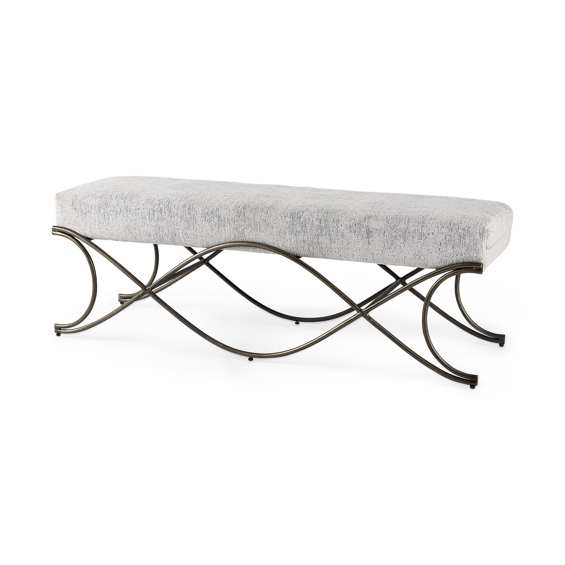 55" Dark Gray and Nickel Chenille and Metal Upholstered Bench