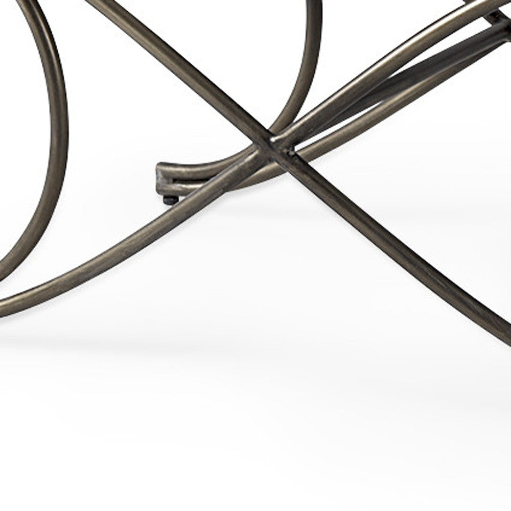 55" Dark Gray and Nickel Chenille and Metal Upholstered Bench