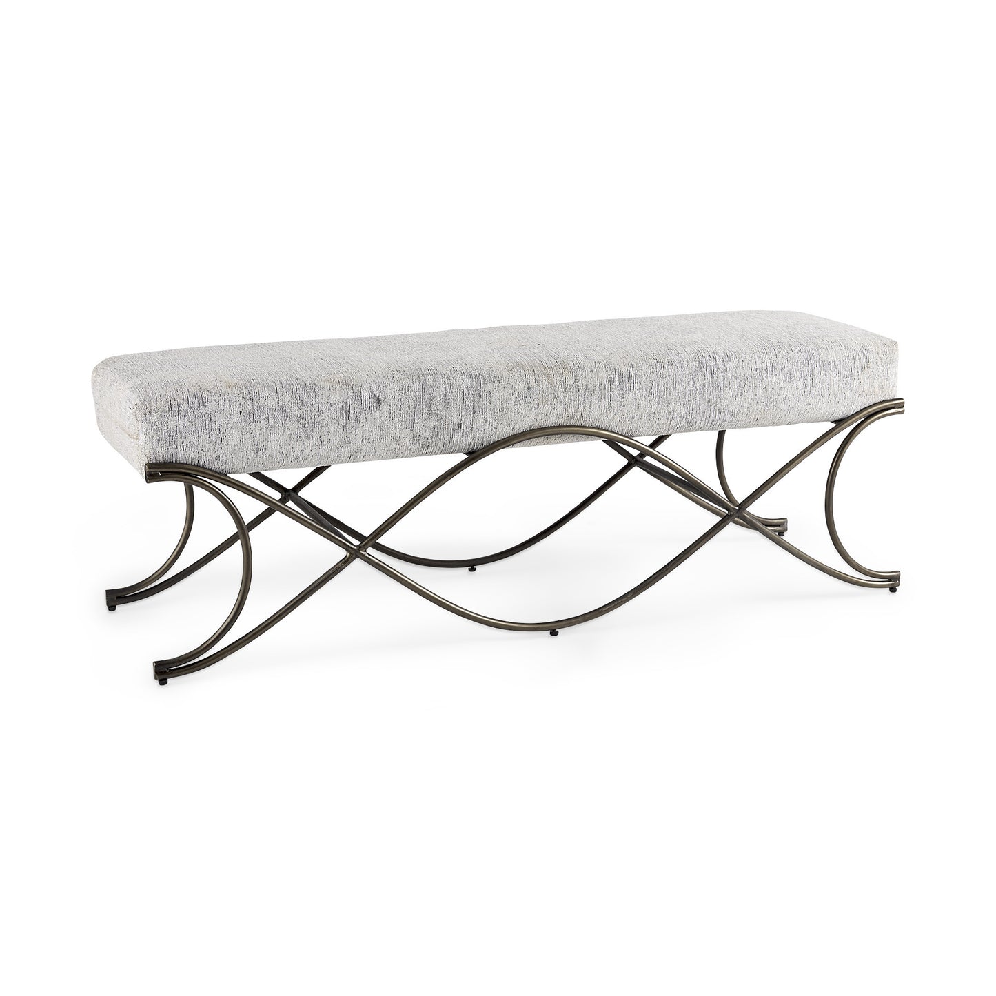 55" Dark Gray and Nickel Chenille and Metal Upholstered Bench
