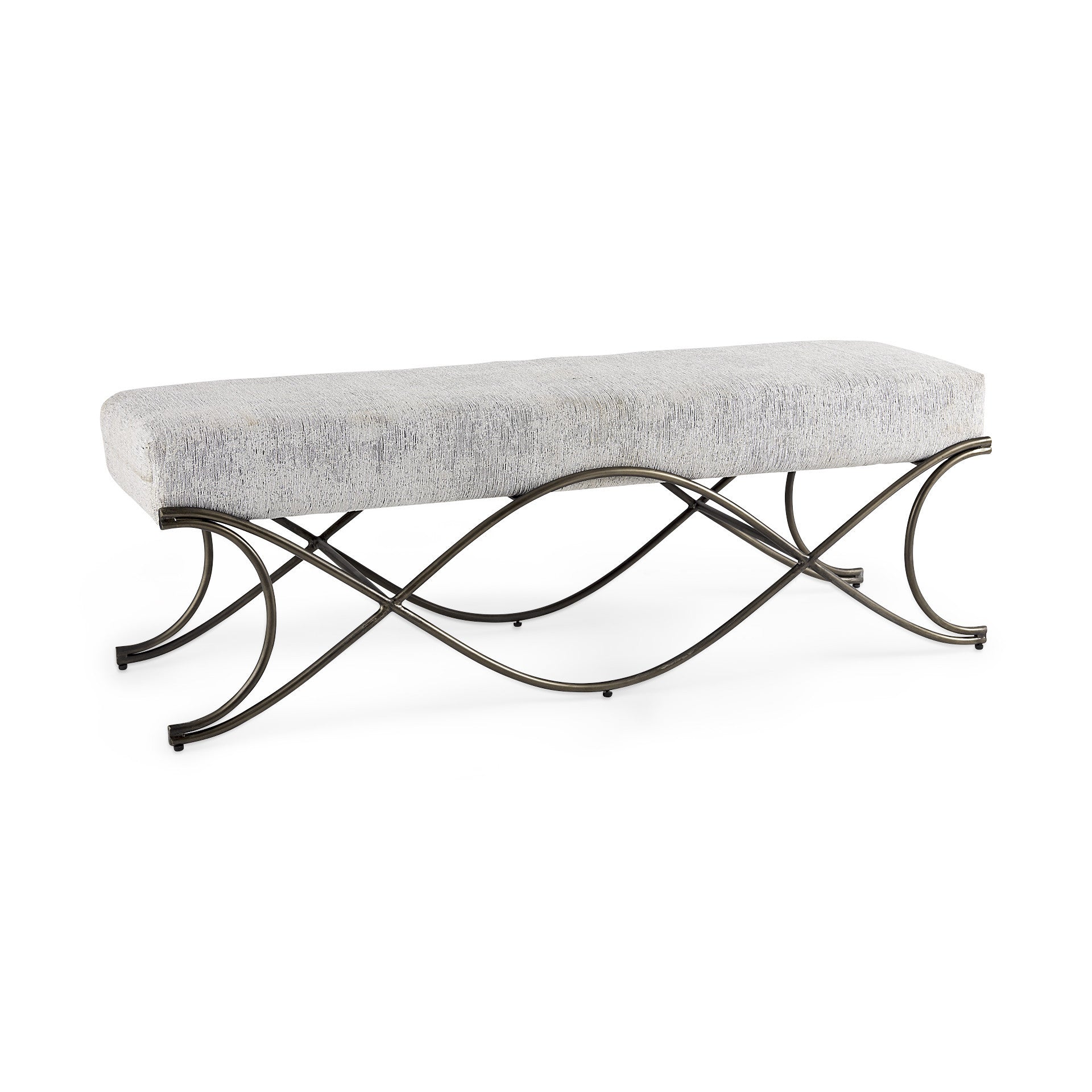 55" Dark Gray and Nickel Chenille and Metal Upholstered Bench