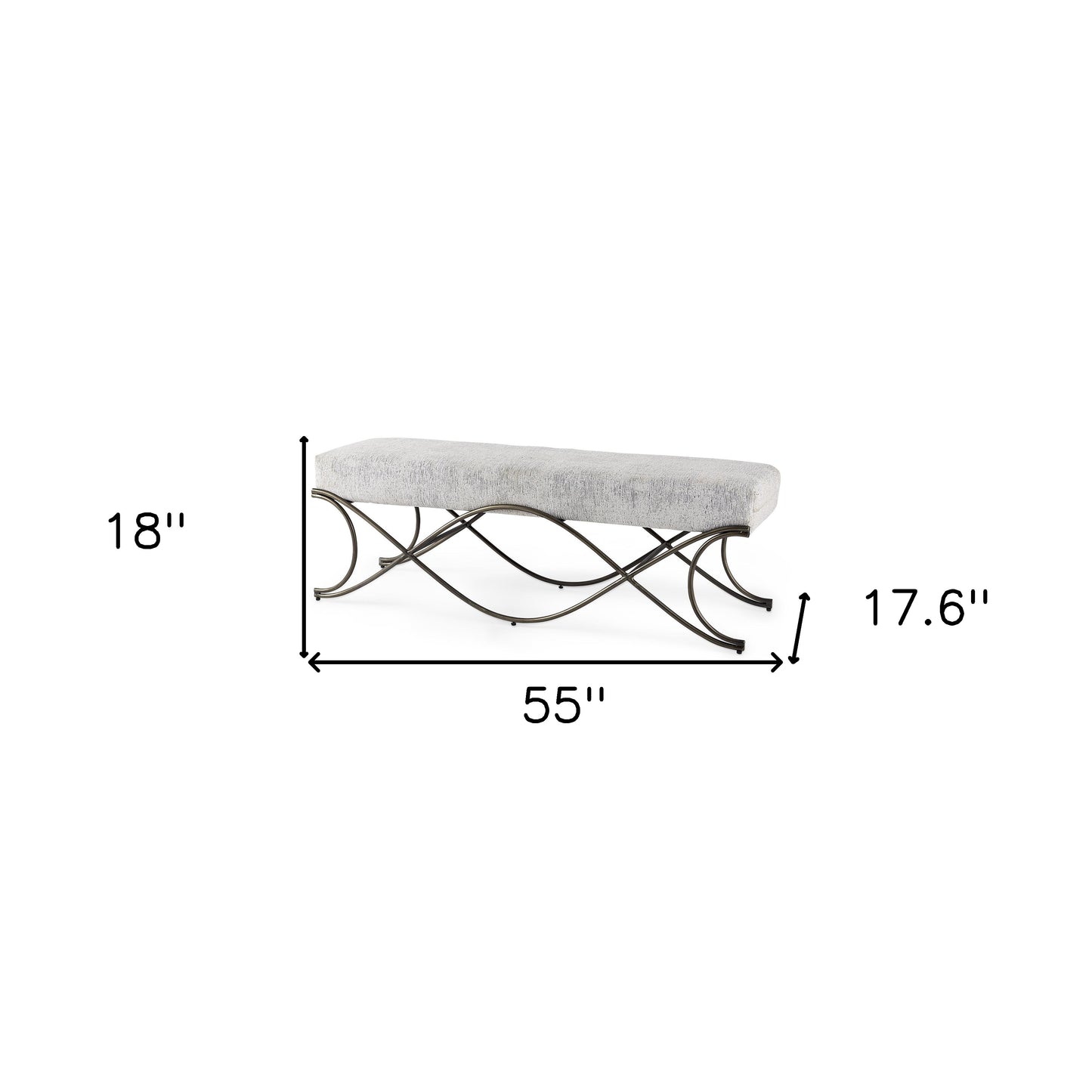 55" Dark Gray and Nickel Chenille and Metal Upholstered Bench