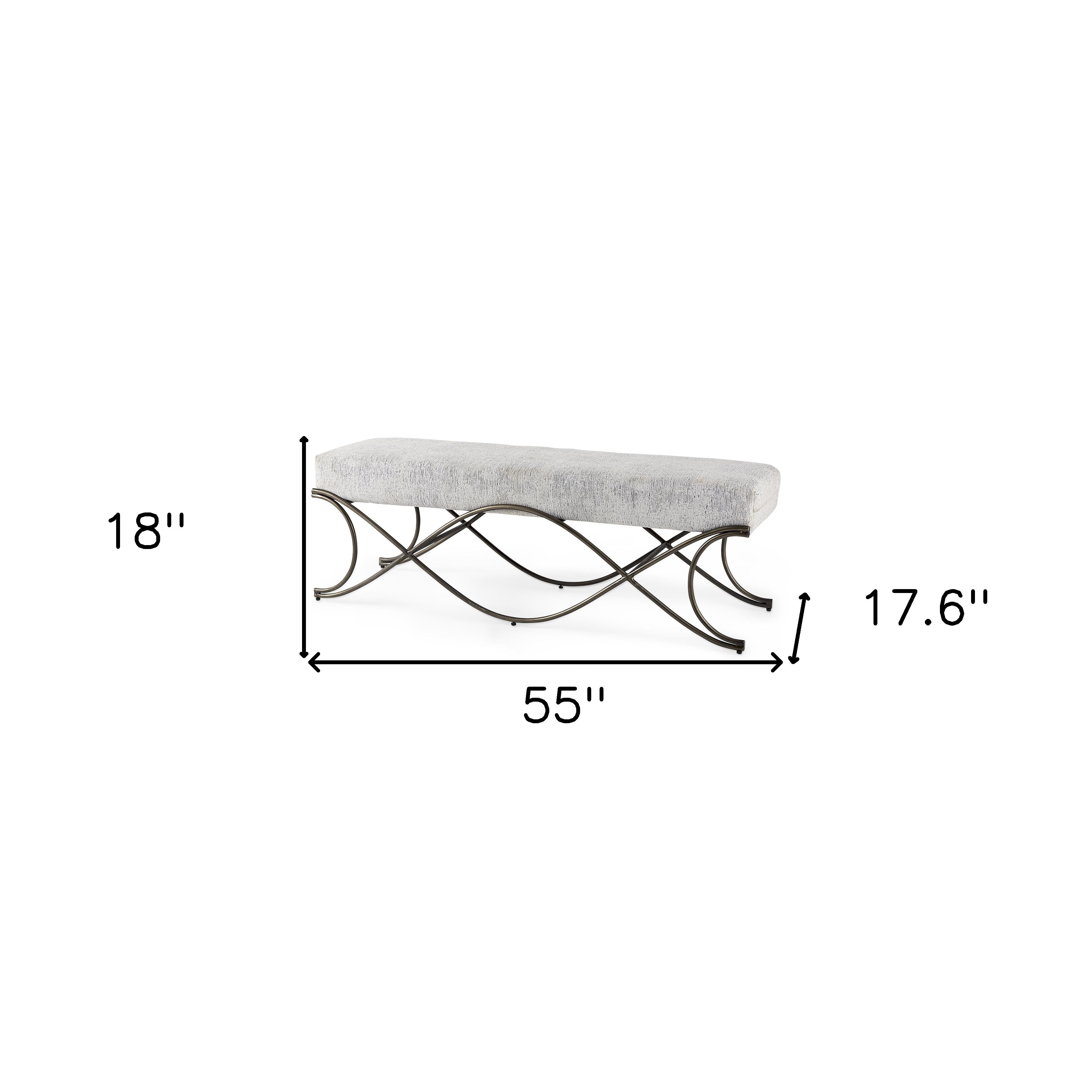 55" Dark Gray and Nickel Chenille and Metal Upholstered Bench