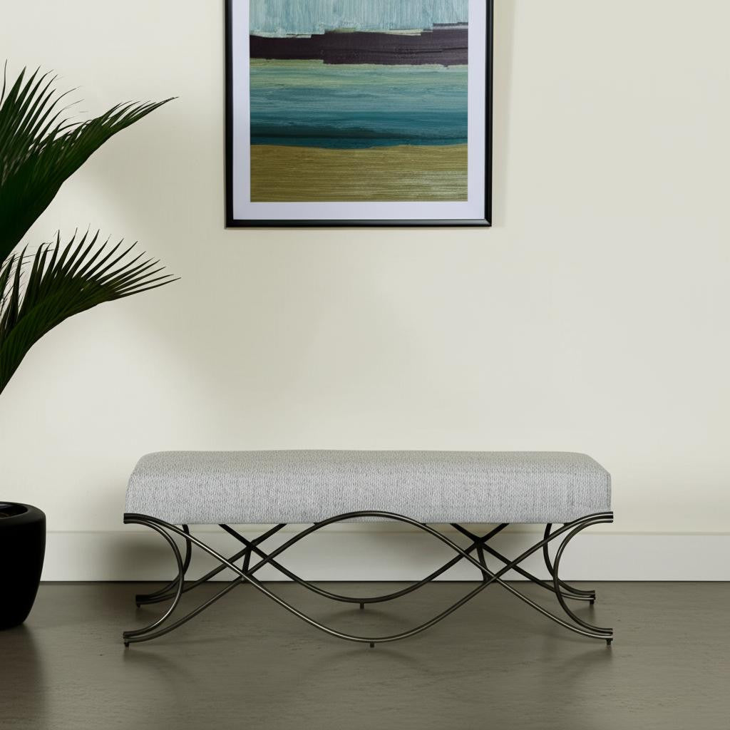 55" Dark Gray and Nickel Chenille and Metal Upholstered Bench