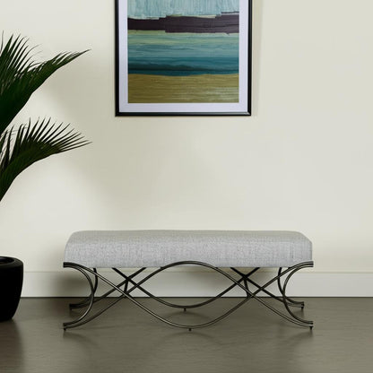 55" Dark Gray and Nickel Chenille and Metal Upholstered Bench