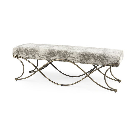 55" Gray and Gold Chenille and Metal Upholstered Bench