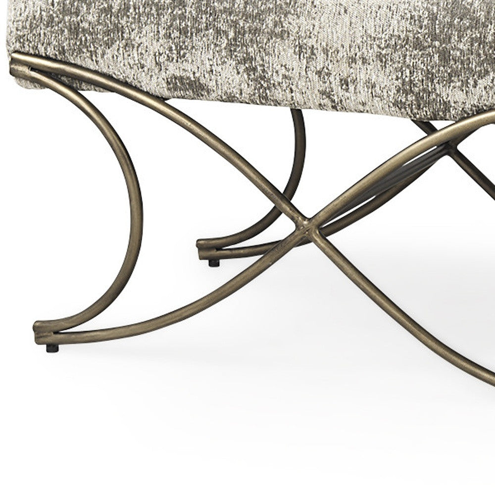 55" Gray and Gold Chenille and Metal Upholstered Bench