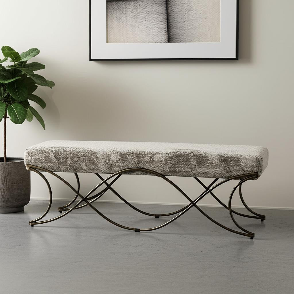 55" Gray and Gold Chenille and Metal Upholstered Bench