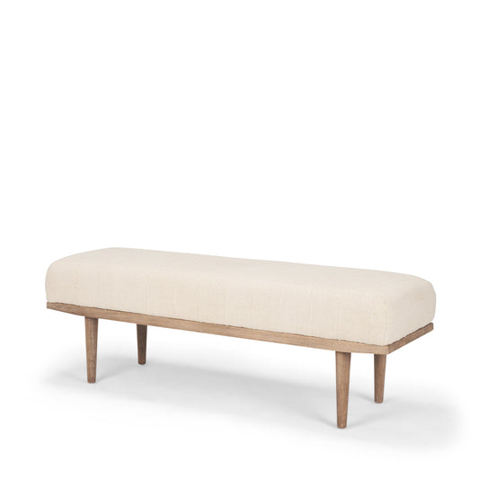56" Beige and Brown Cotton and Solid Wood Upholstered Bench