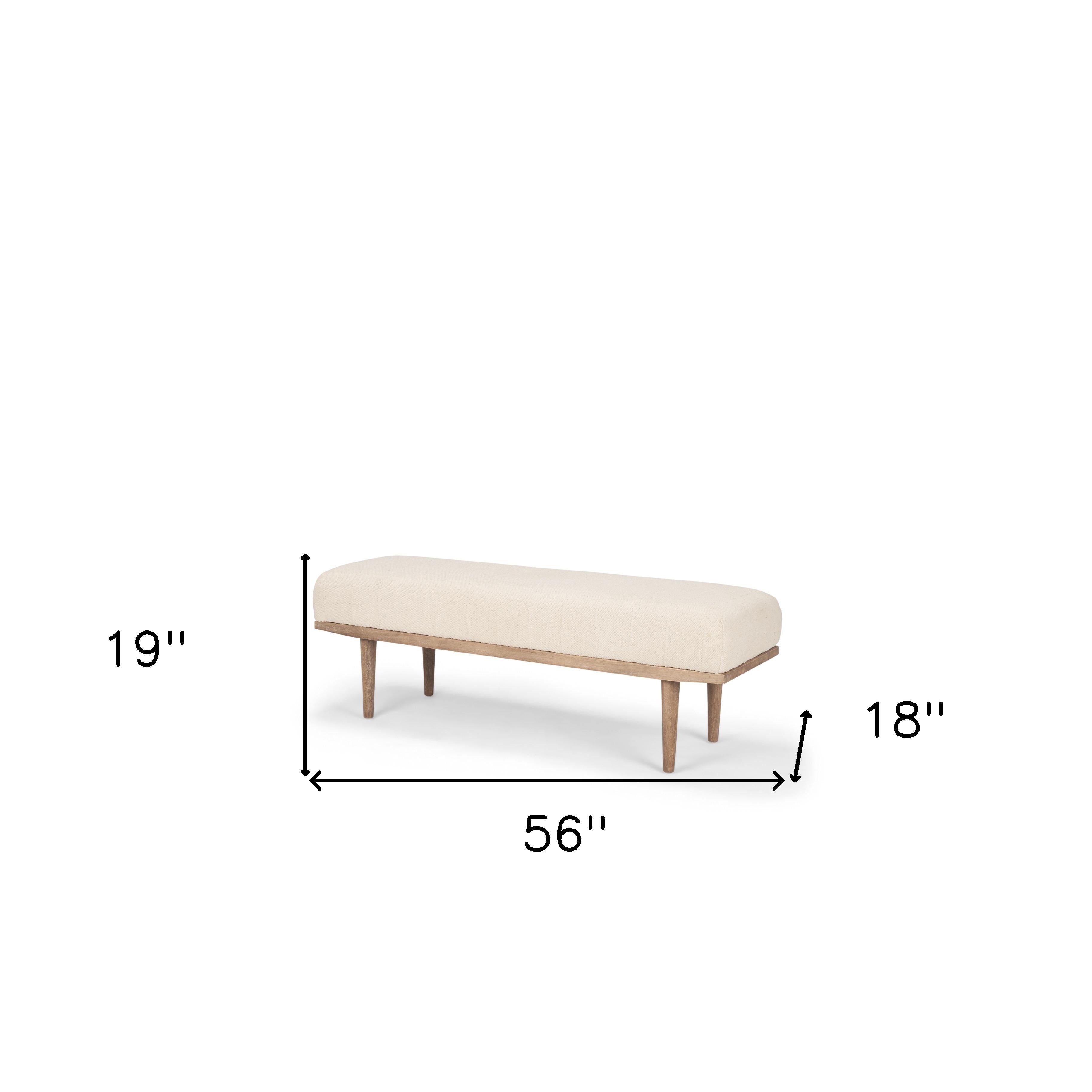 56" Beige and Brown Cotton and Solid Wood Upholstered Bench