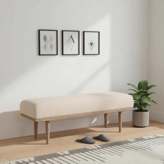 56" Beige and Brown Cotton and Solid Wood Upholstered Bench