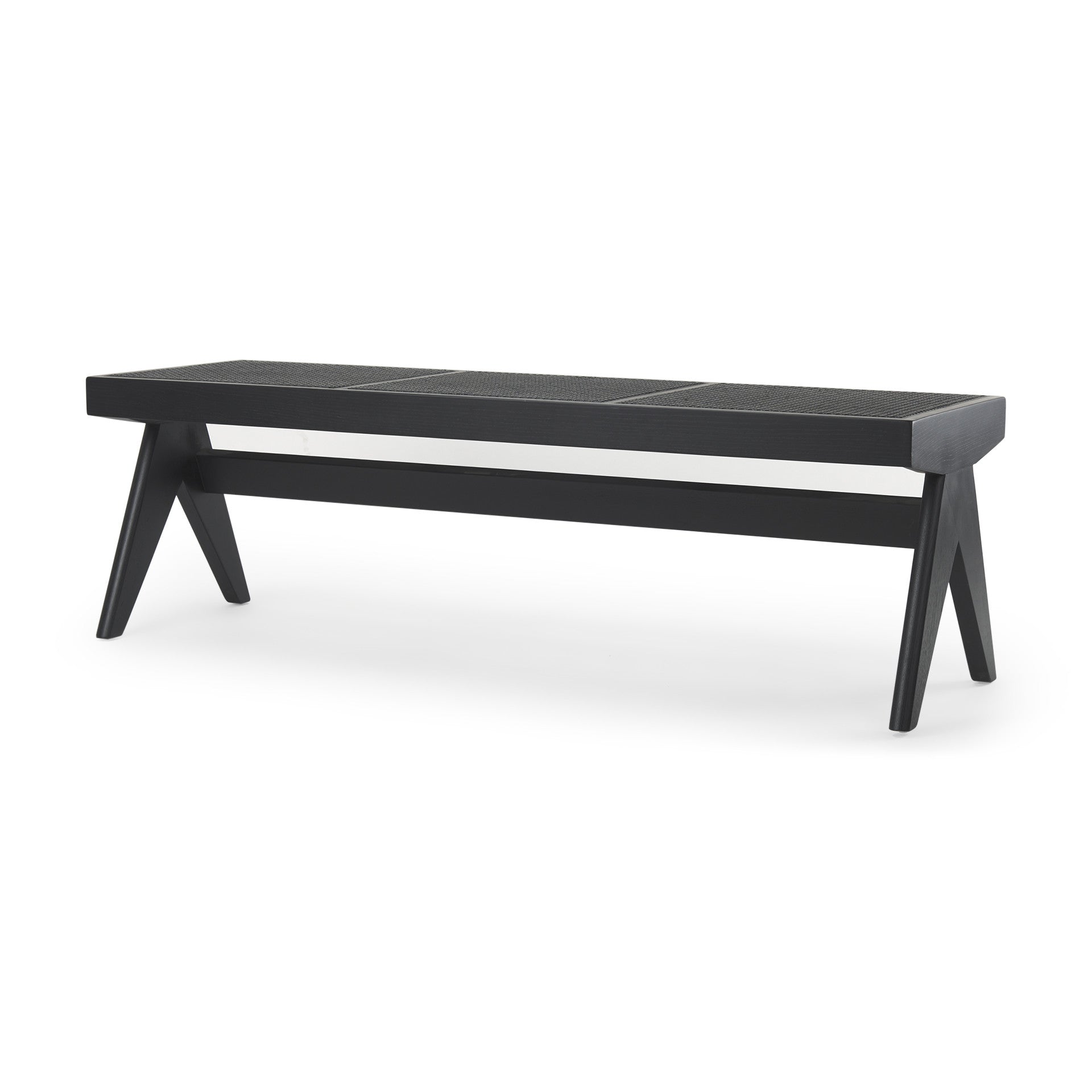 59" Black Solid Wood and Cane Dining Bench