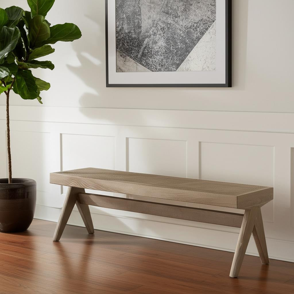 59" Brown Cane And Solid Wood Bench