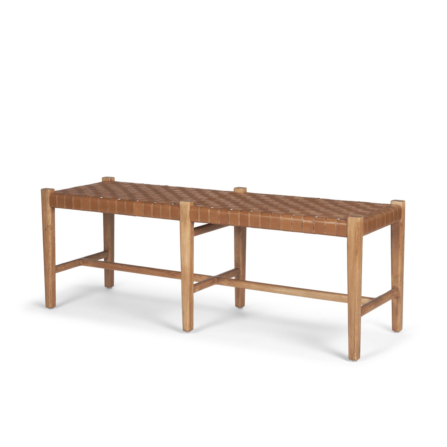 52" Brown Genuine Leather and Solid Wood Upholstered Bench