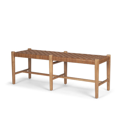 52" Brown Genuine Leather and Solid Wood Upholstered Bench
