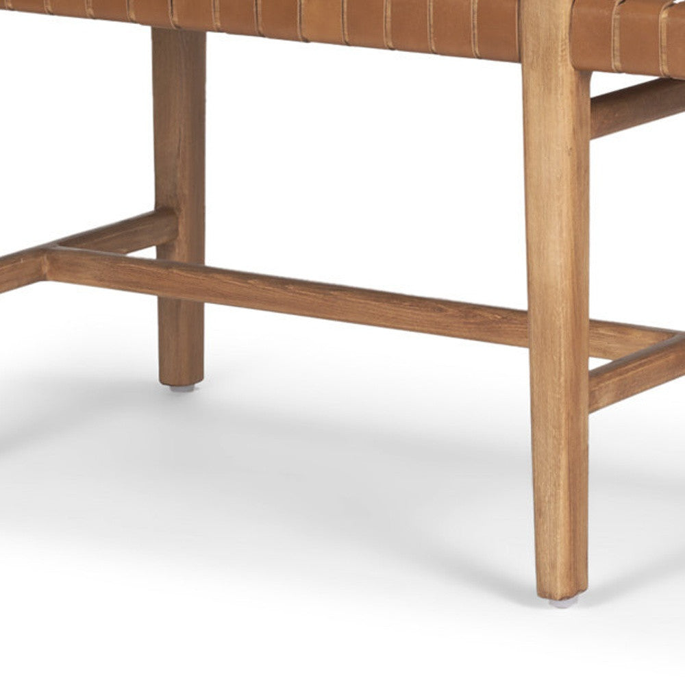 52" Brown Genuine Leather and Solid Wood Upholstered Bench