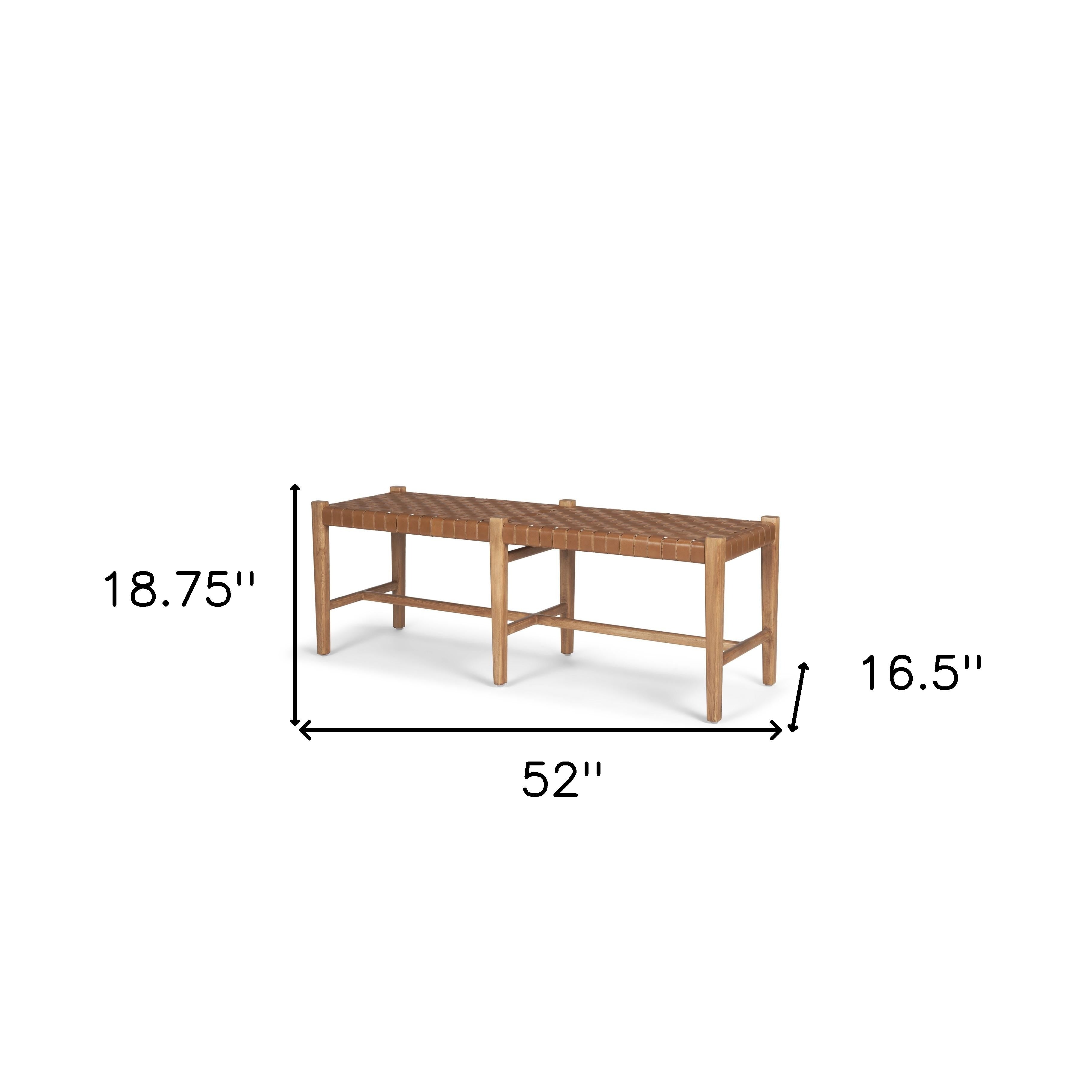 52" Brown Genuine Leather and Solid Wood Upholstered Bench