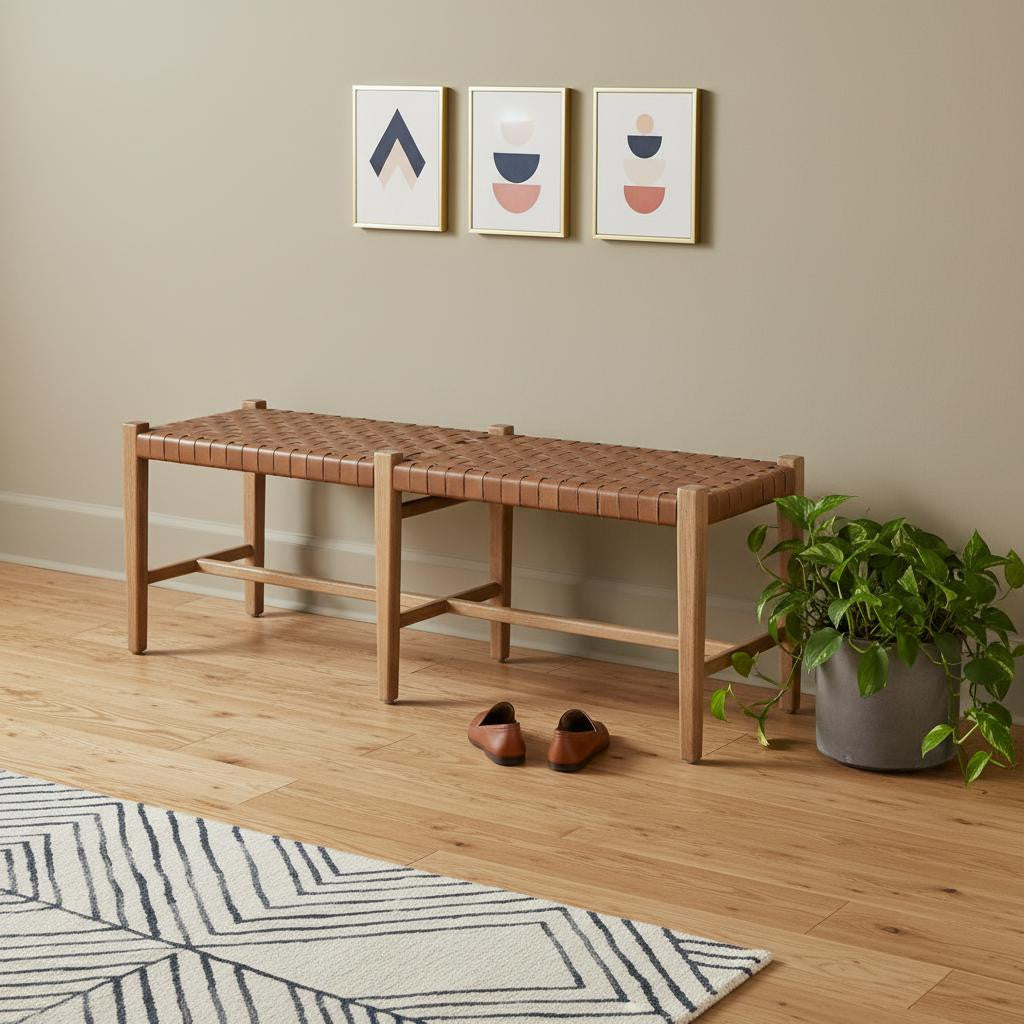 52" Brown Genuine Leather and Solid Wood Upholstered Bench