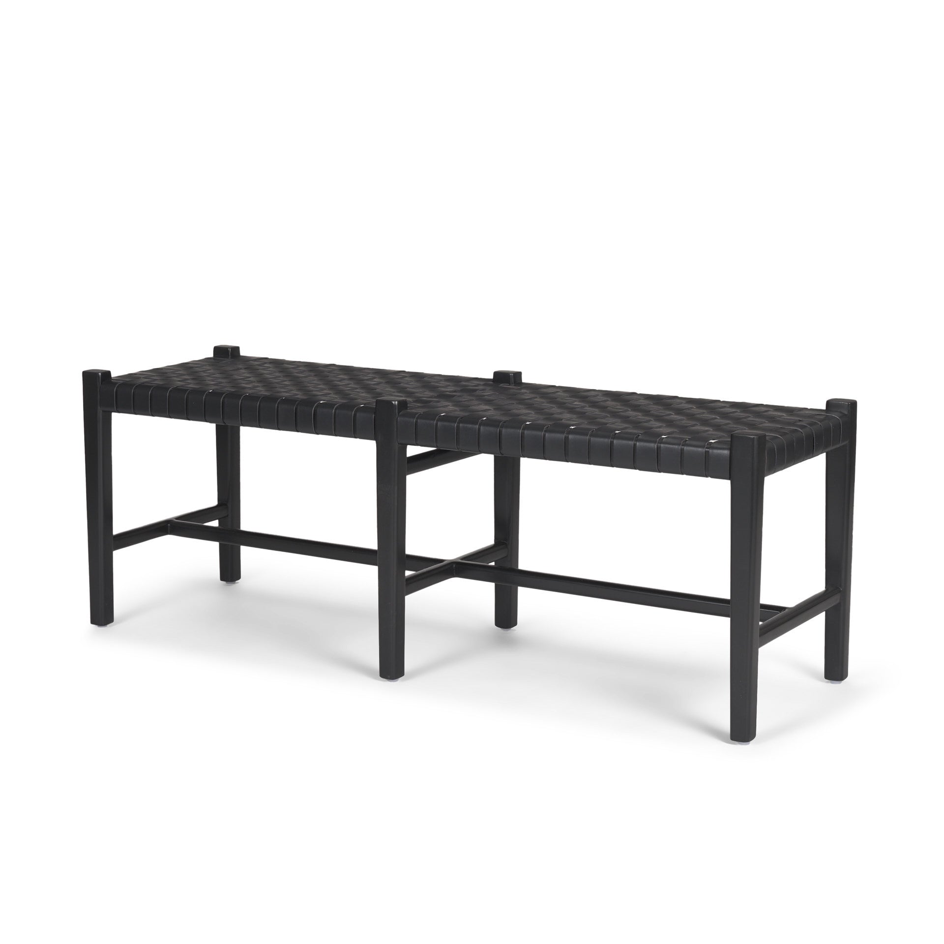 52" Black Genuine Leather and Solid Wood Upholstered Bench