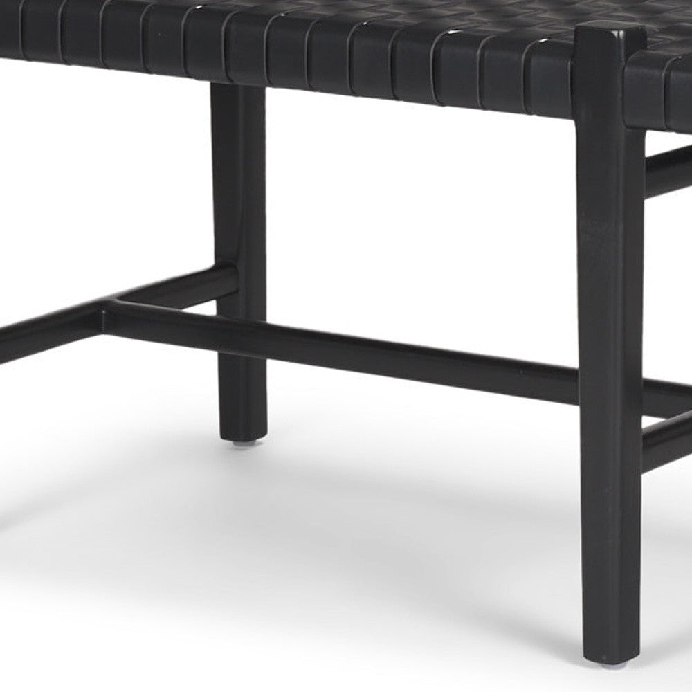 52" Black Genuine Leather and Solid Wood Upholstered Bench