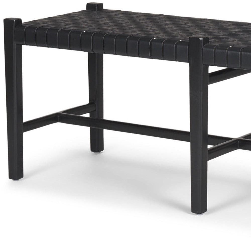52" Black Genuine Leather and Solid Wood Upholstered Bench