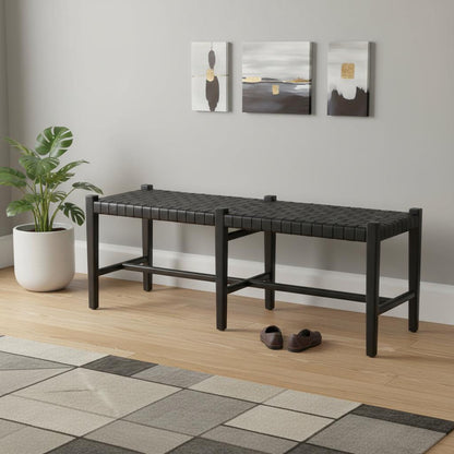 52" Black Genuine Leather and Solid Wood Upholstered Bench