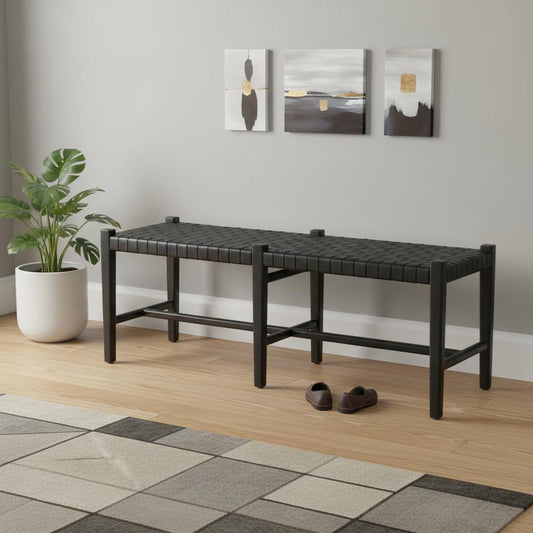 52" Black Genuine Leather and Solid Wood Upholstered Bench