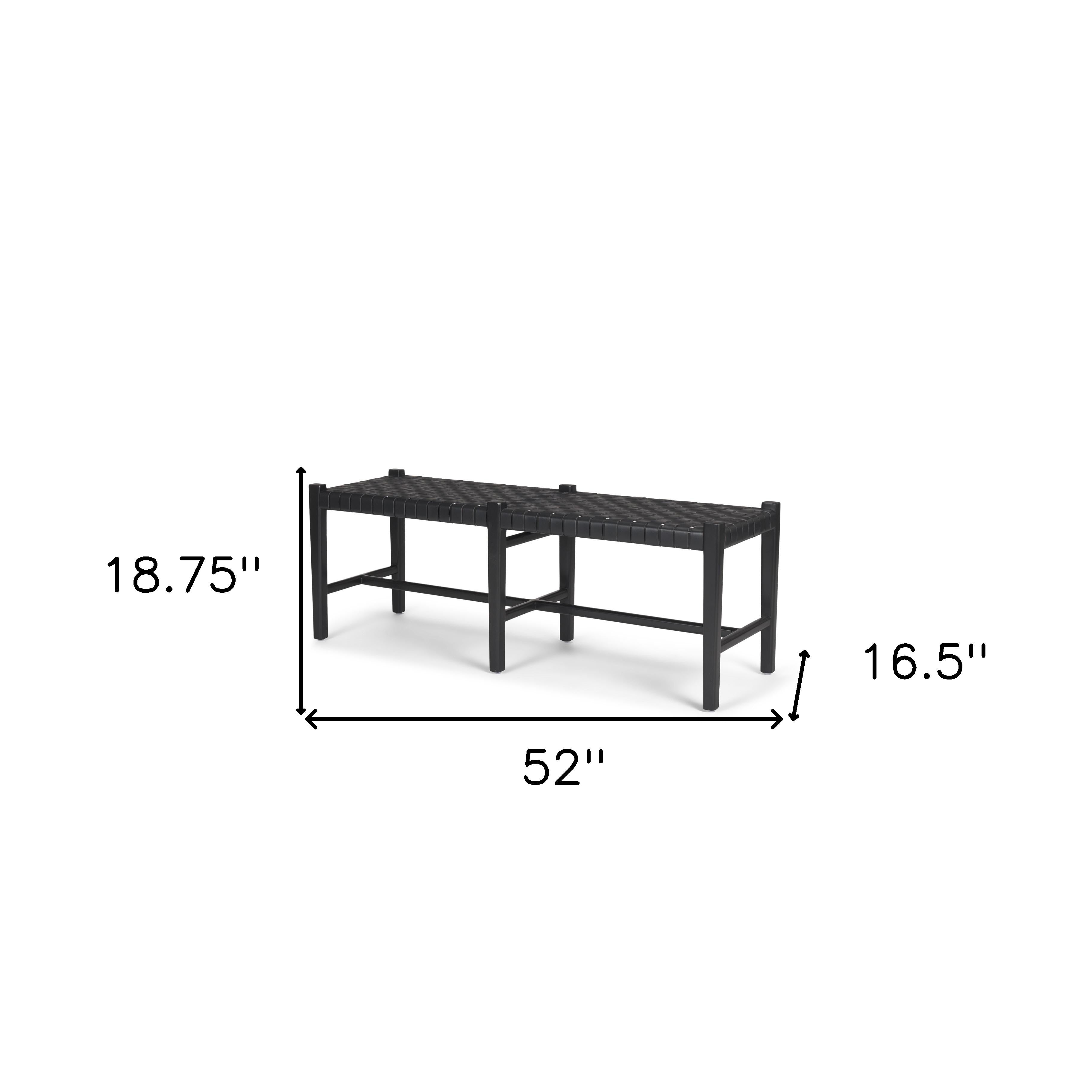 52" Black Genuine Leather and Solid Wood Upholstered Bench