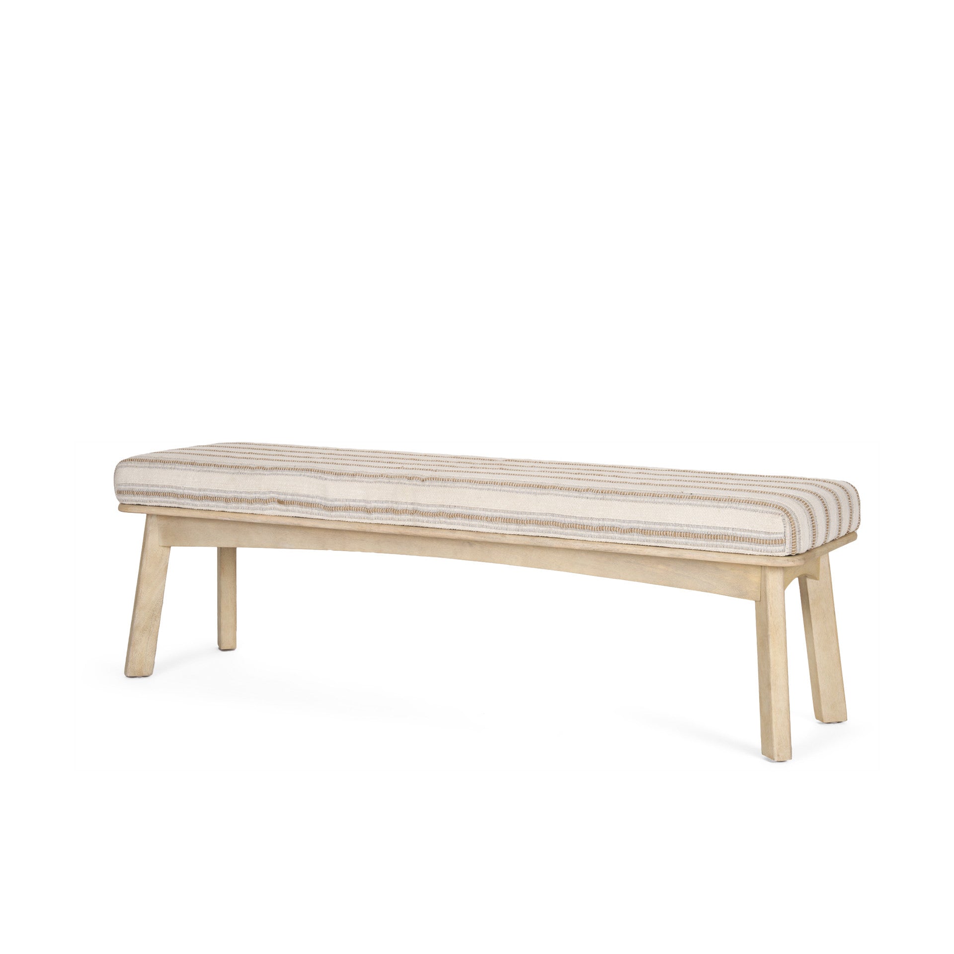 62" Beige Cream and Brown Striped Cotton Blend and Solid Wood Upholstered Bench