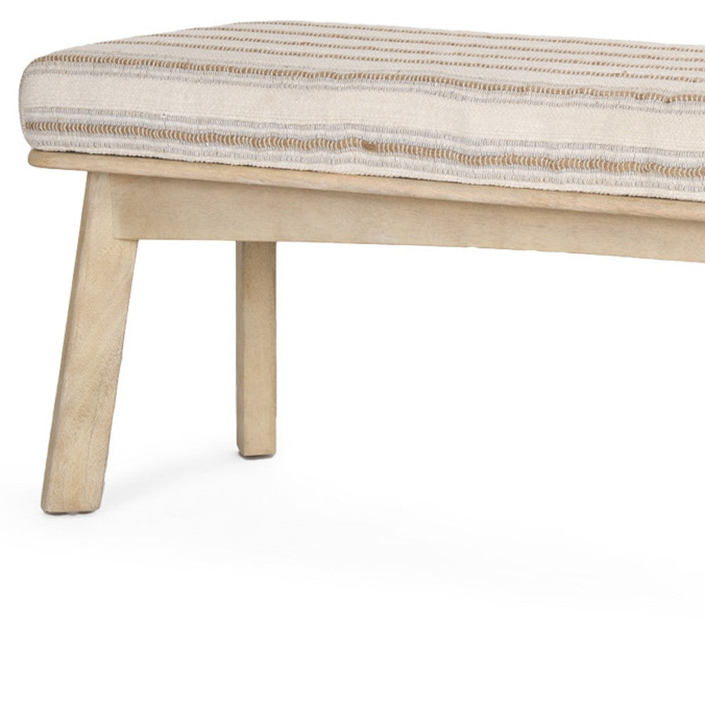 62" Beige Cream and Brown Striped Cotton Blend and Solid Wood Upholstered Bench