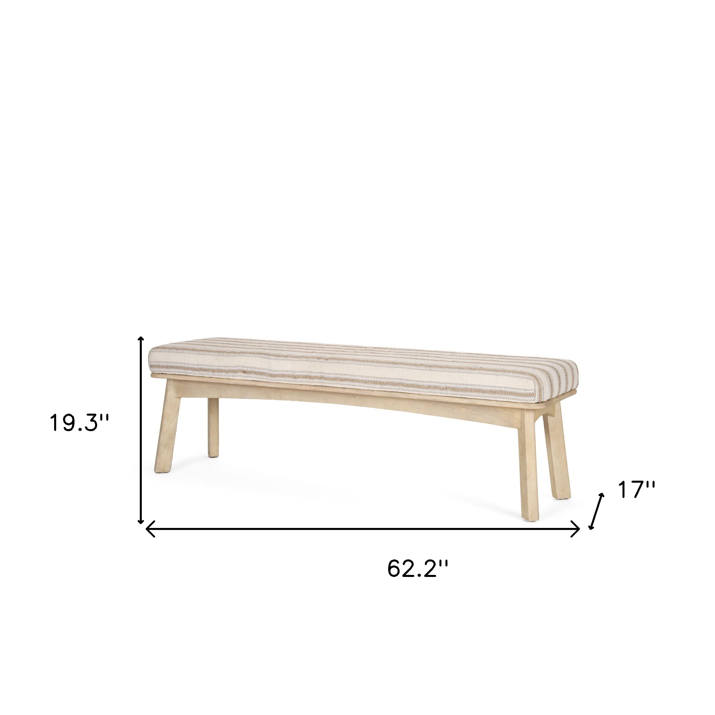 62" Beige Cream and Brown Striped Cotton Blend and Solid Wood Upholstered Bench