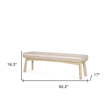 62" Beige Cream and Brown Striped Cotton Blend and Solid Wood Upholstered Bench