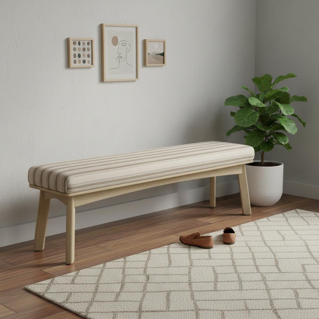 62" Beige Cream and Brown Striped Cotton Blend and Solid Wood Upholstered Bench