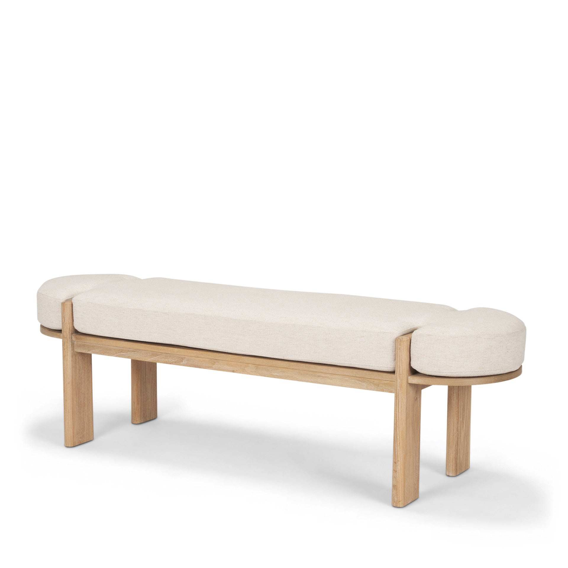 63" Cream and Brown Fabric and Solid Wood Upholstered Bench