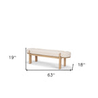 63" Cream and Brown Fabric and Solid Wood Upholstered Bench