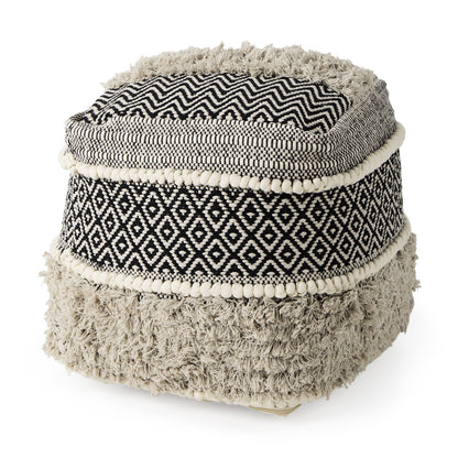 16" Black Gray and White Cotton Geometric Pouf Ottoman