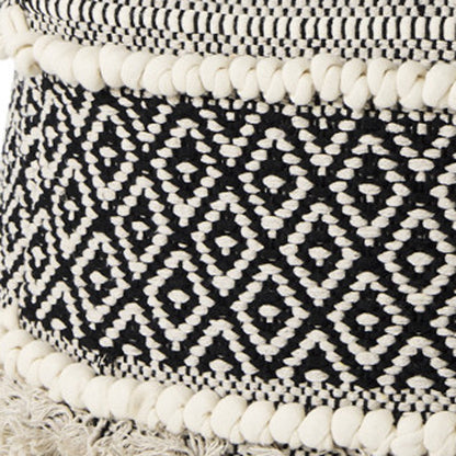 16" Black Gray and White Cotton Geometric Pouf Ottoman