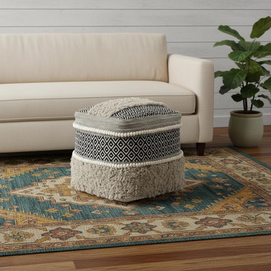 16" Black Gray and White Cotton Geometric Pouf Ottoman