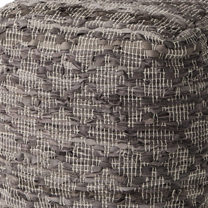 16" Brown and Gray Cotton And Leather Geometric Cube Pouf Ottoman
