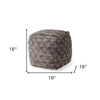 16" Brown and Gray Cotton And Leather Geometric Cube Pouf Ottoman