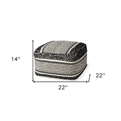22" Black and White Cotton And Wool Geometric Pouf Ottoman