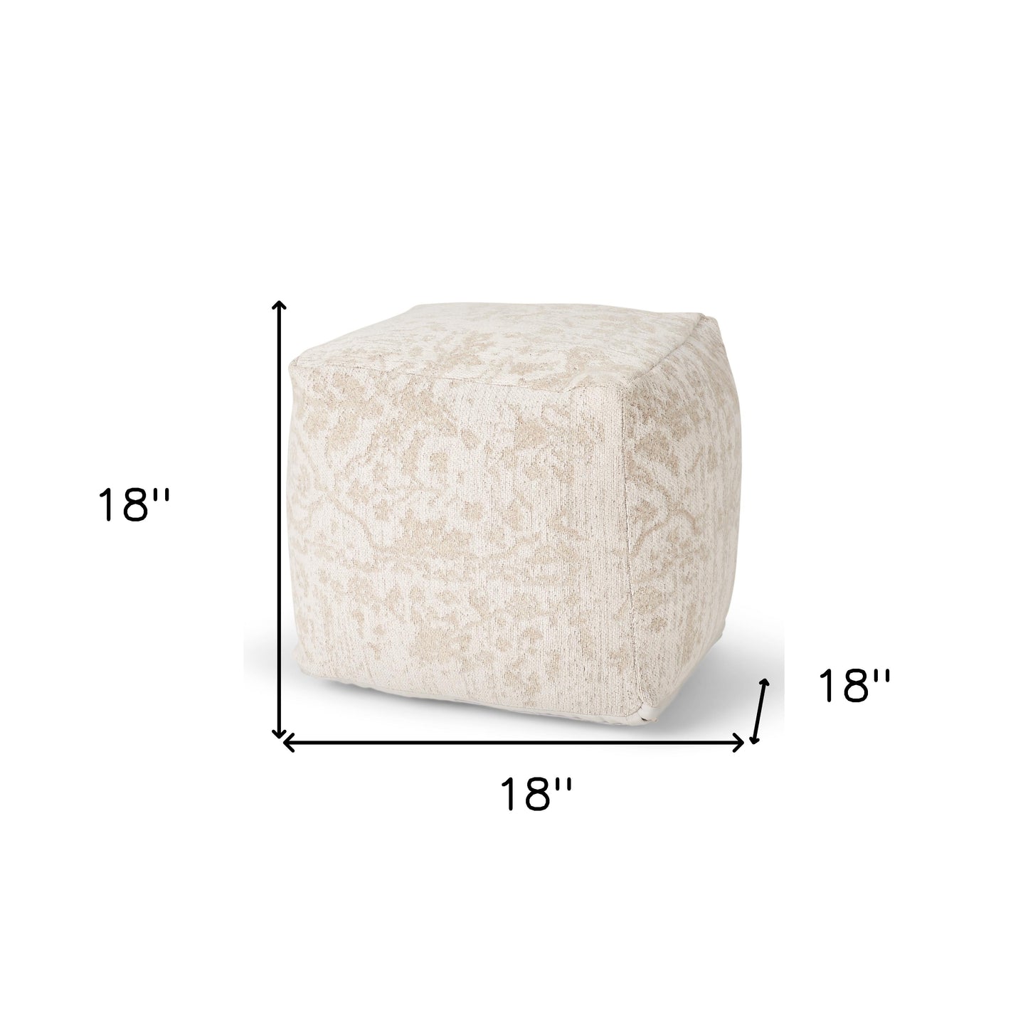 18" Cream and Beige Fabric Damask Pouf Ottoman