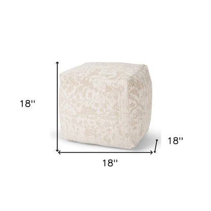18" Cream and Beige Fabric Damask Pouf Ottoman